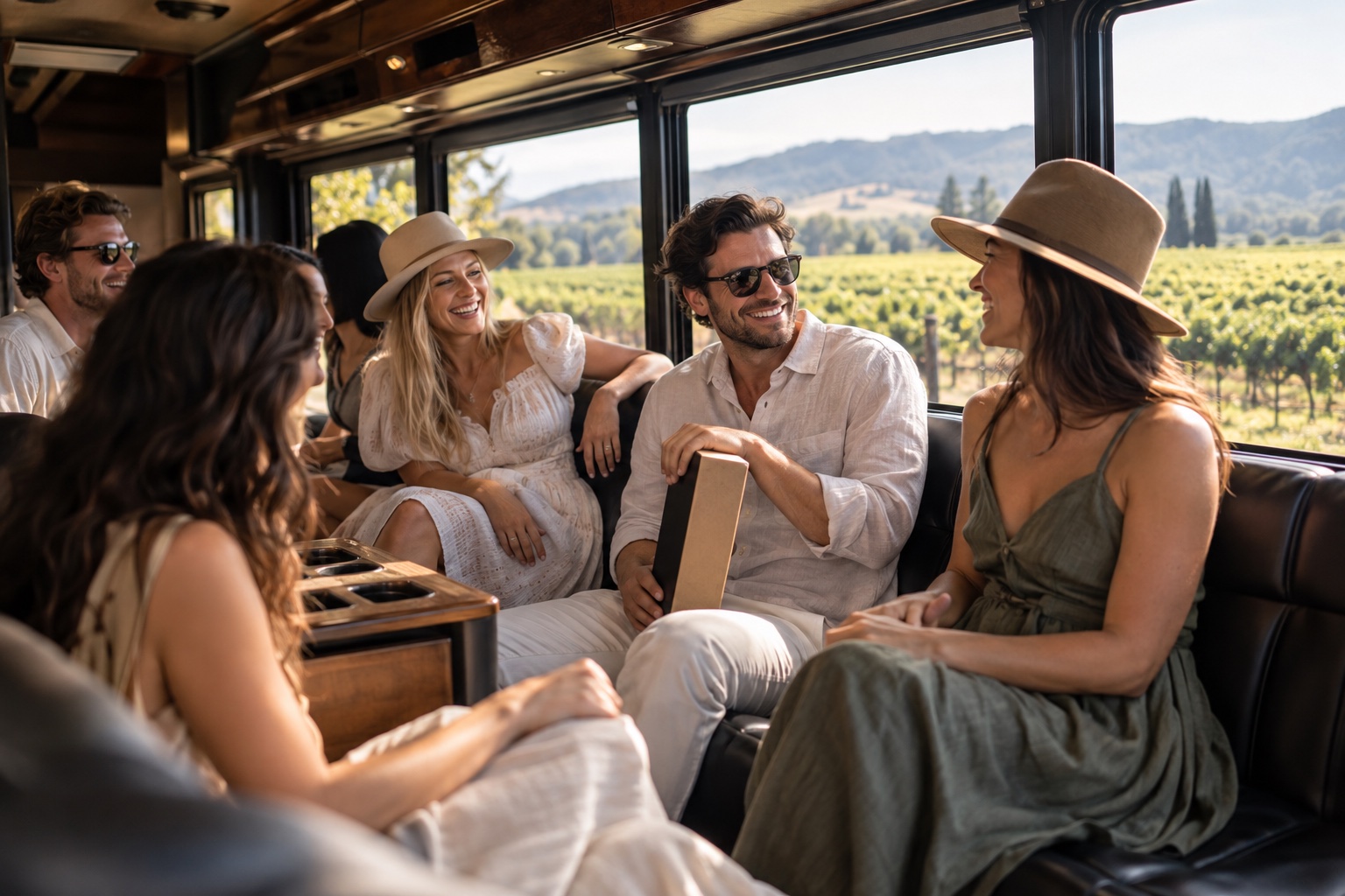 Brewery & winery tours guests celebrating together inside a bus