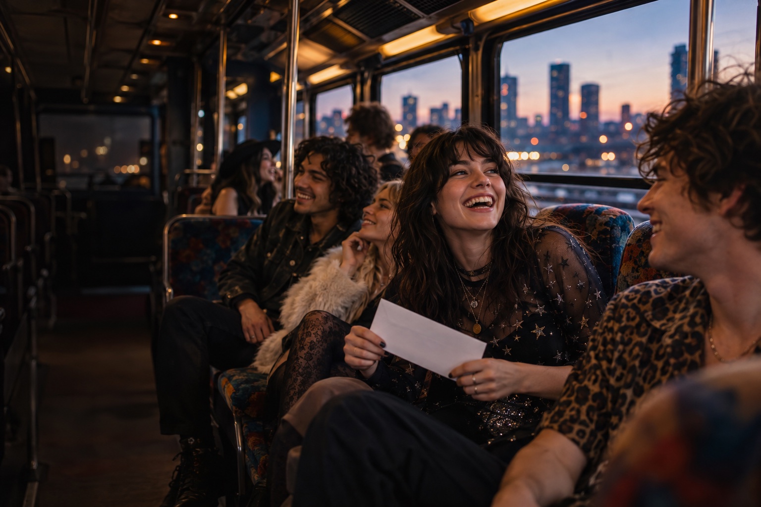 Concerts & festivals guests celebrating together inside a bus