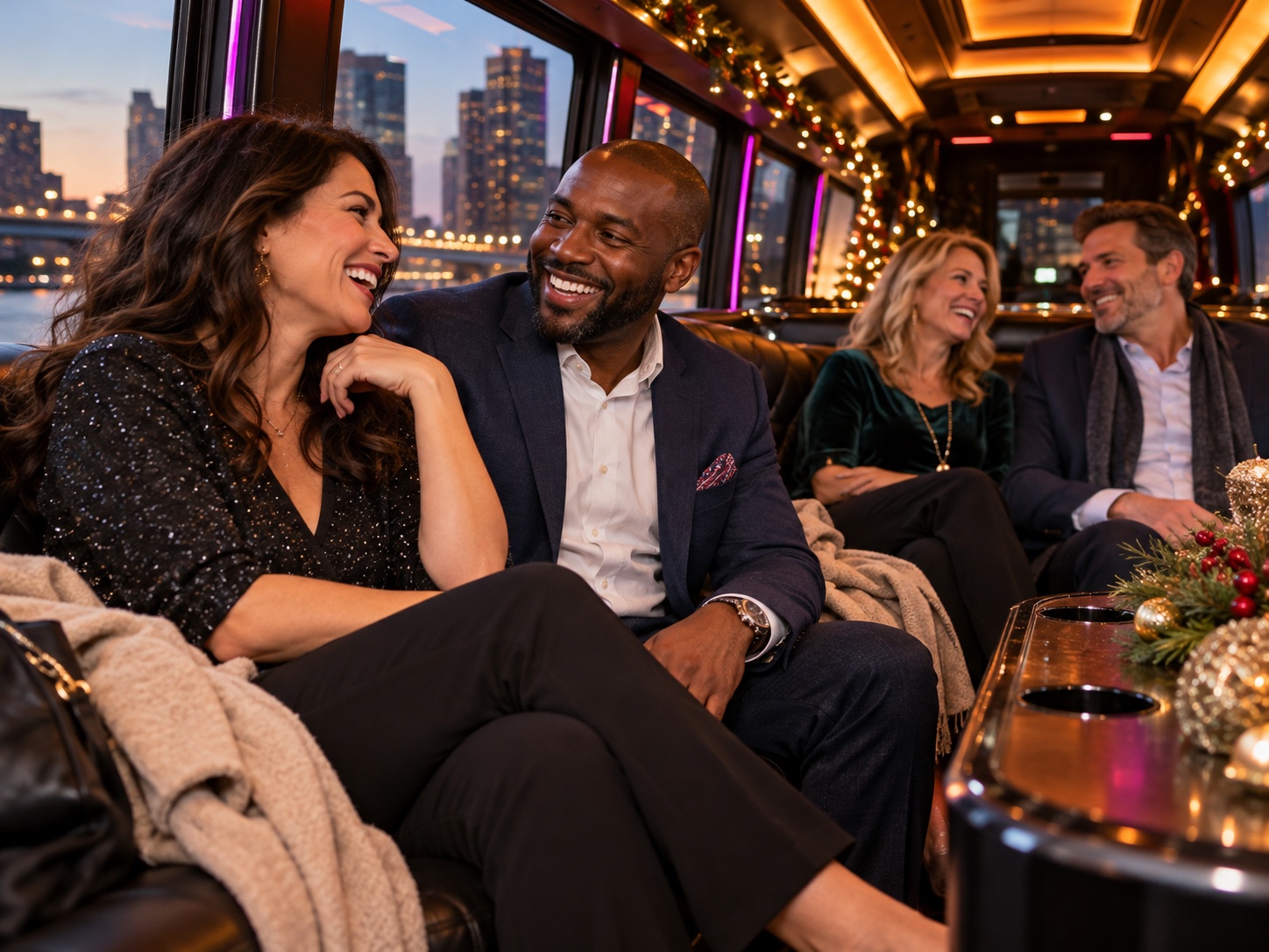 Corporate holiday guests celebrating together inside a bus