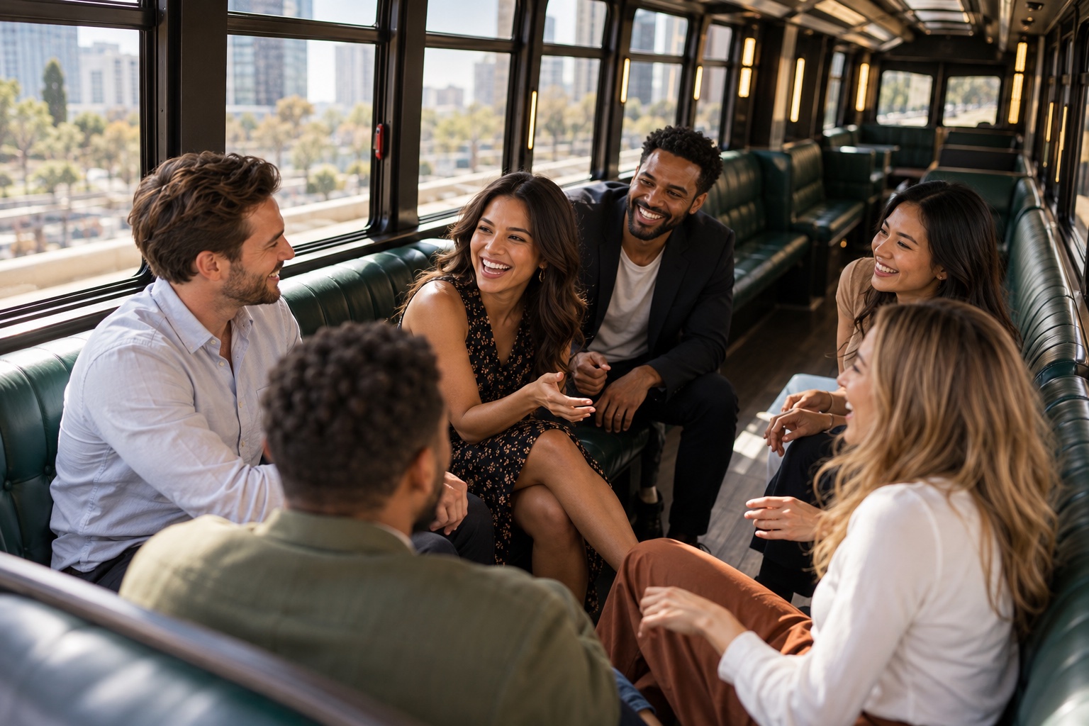 Corporate & team events guests celebrating together inside a bus