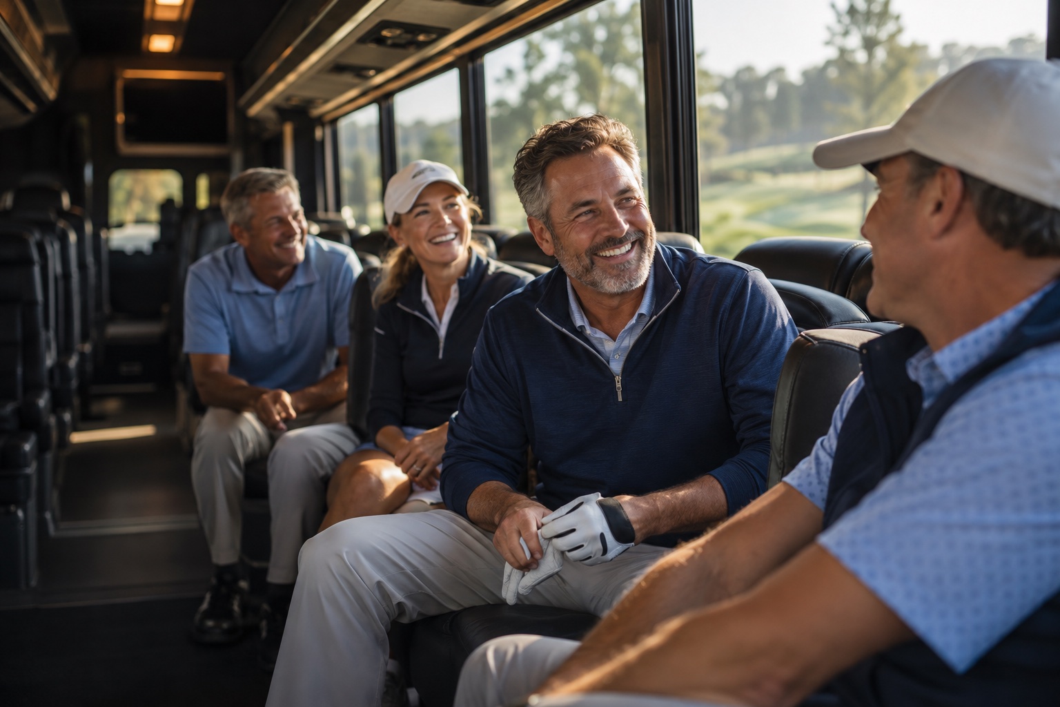 Golf outings guests celebrating together inside a bus