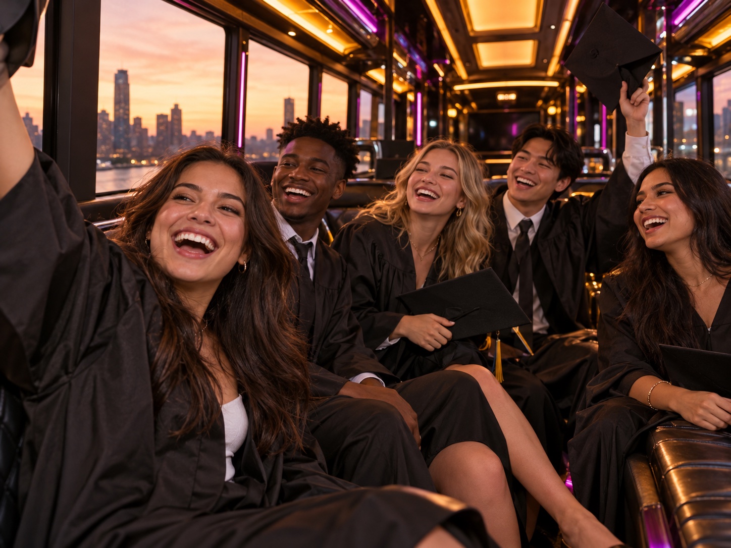 Graduation guests celebrating together inside a bus