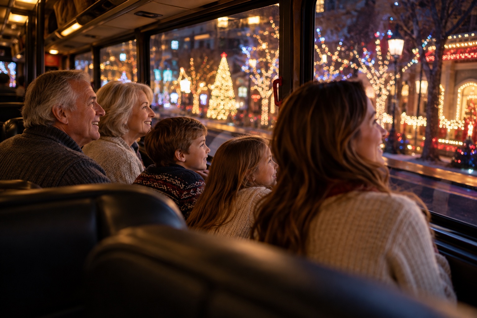 Holiday lights guests celebrating together inside a bus