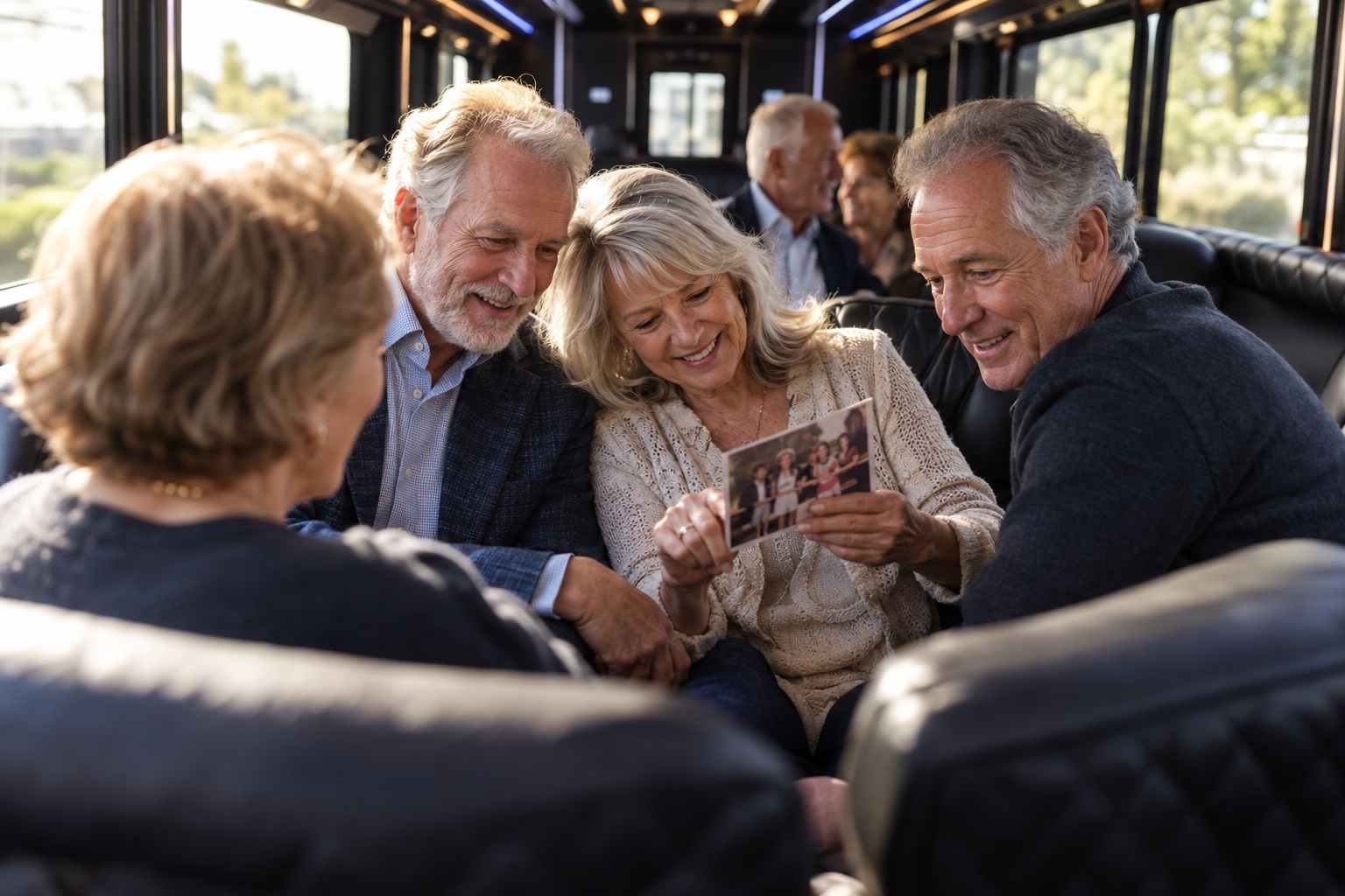 Anniversaries, reunions & retirement guests celebrating together inside a bus