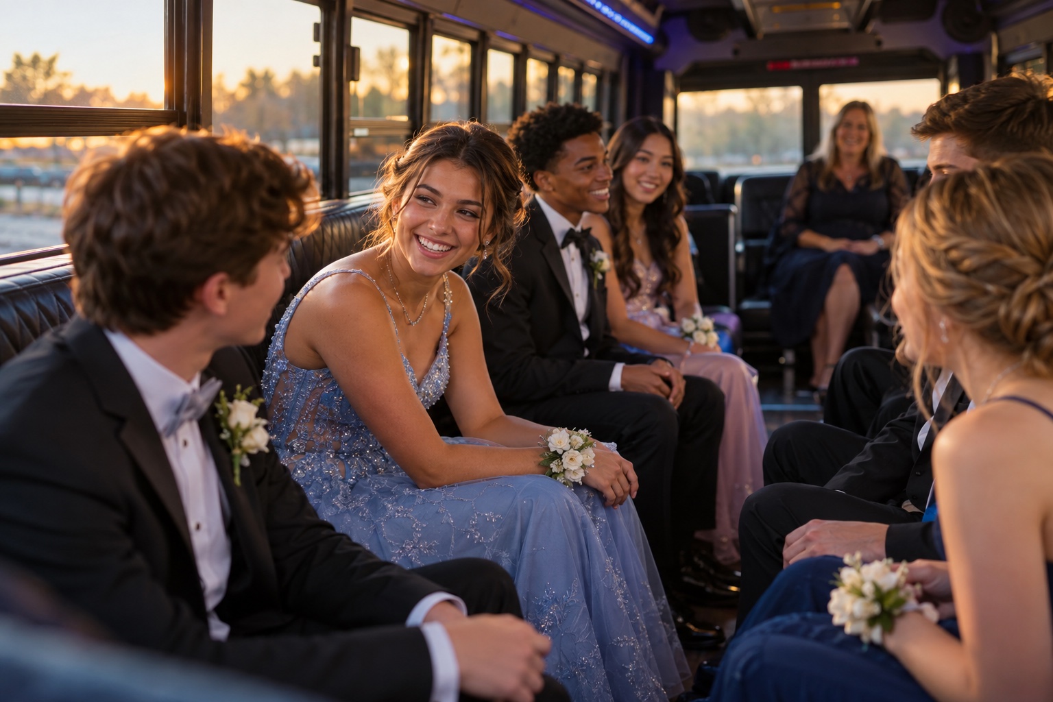 Prom & homecoming guests celebrating together inside a bus