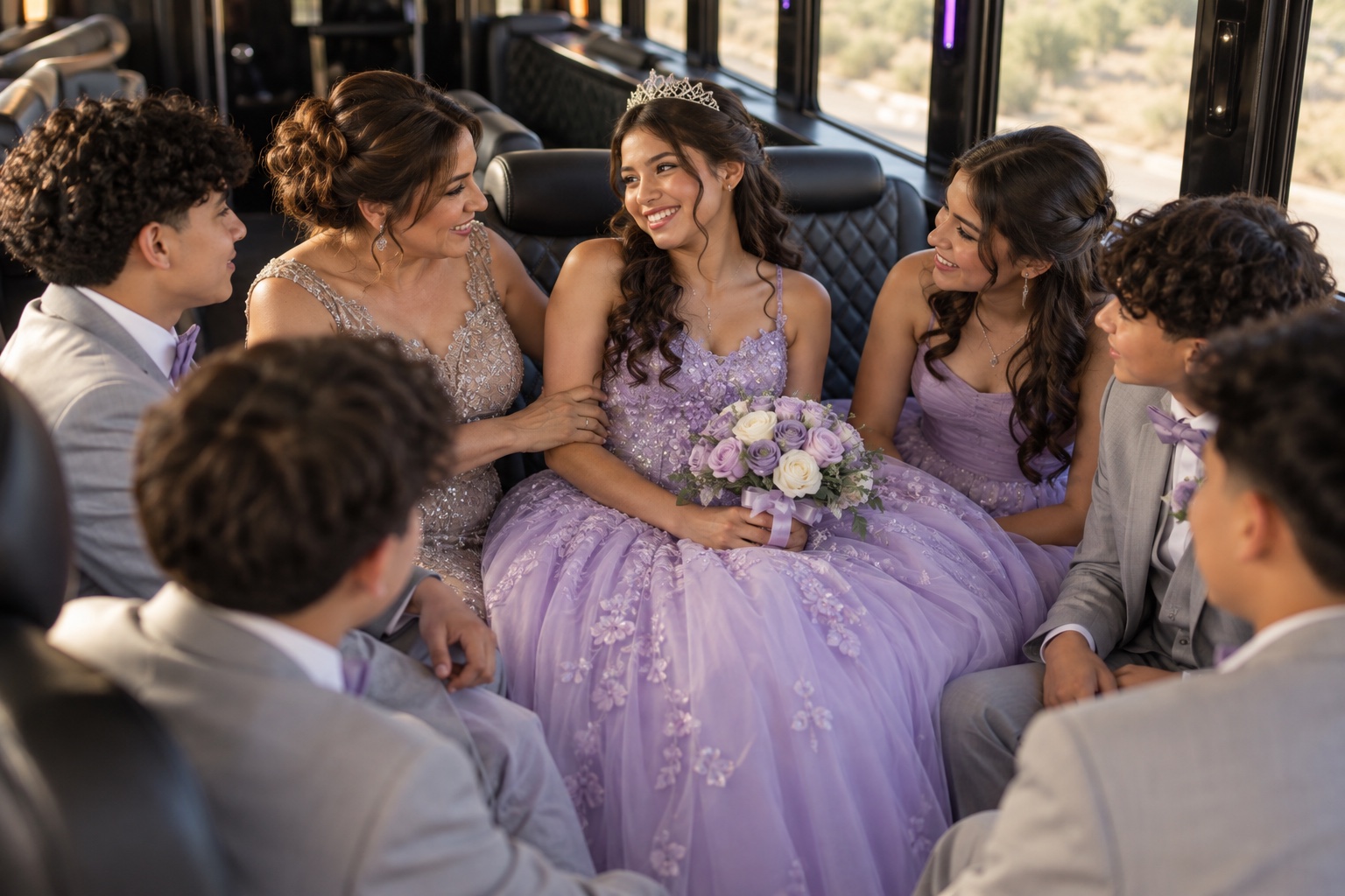 Quinceañera guests celebrating together inside a bus