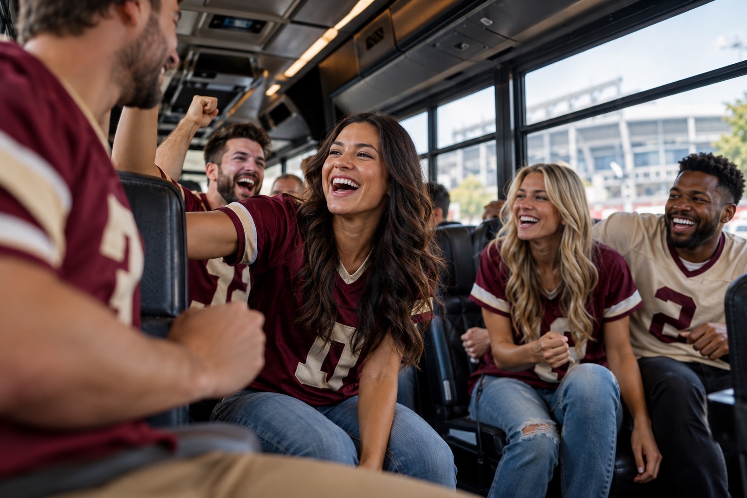 Sports & tailgating guests celebrating together inside a bus