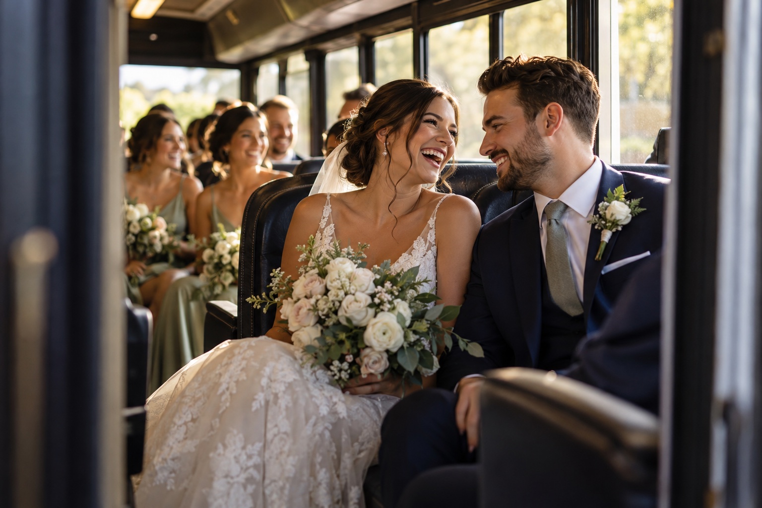 Weddings & guests guests celebrating together inside a bus