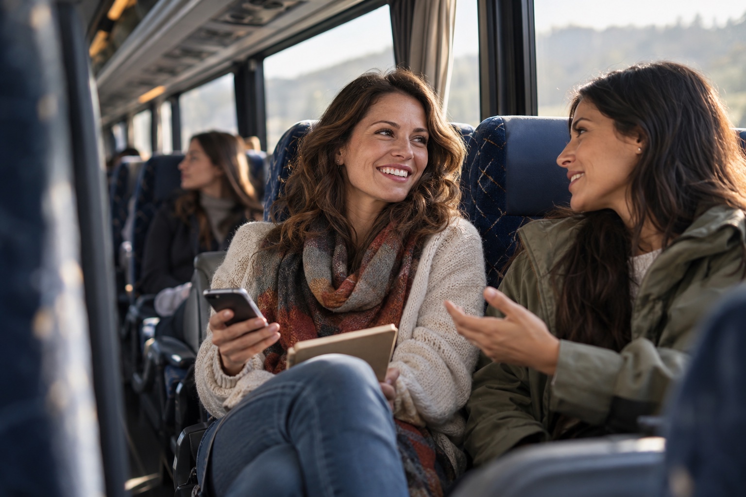 Friends making plans while seated inside a bus