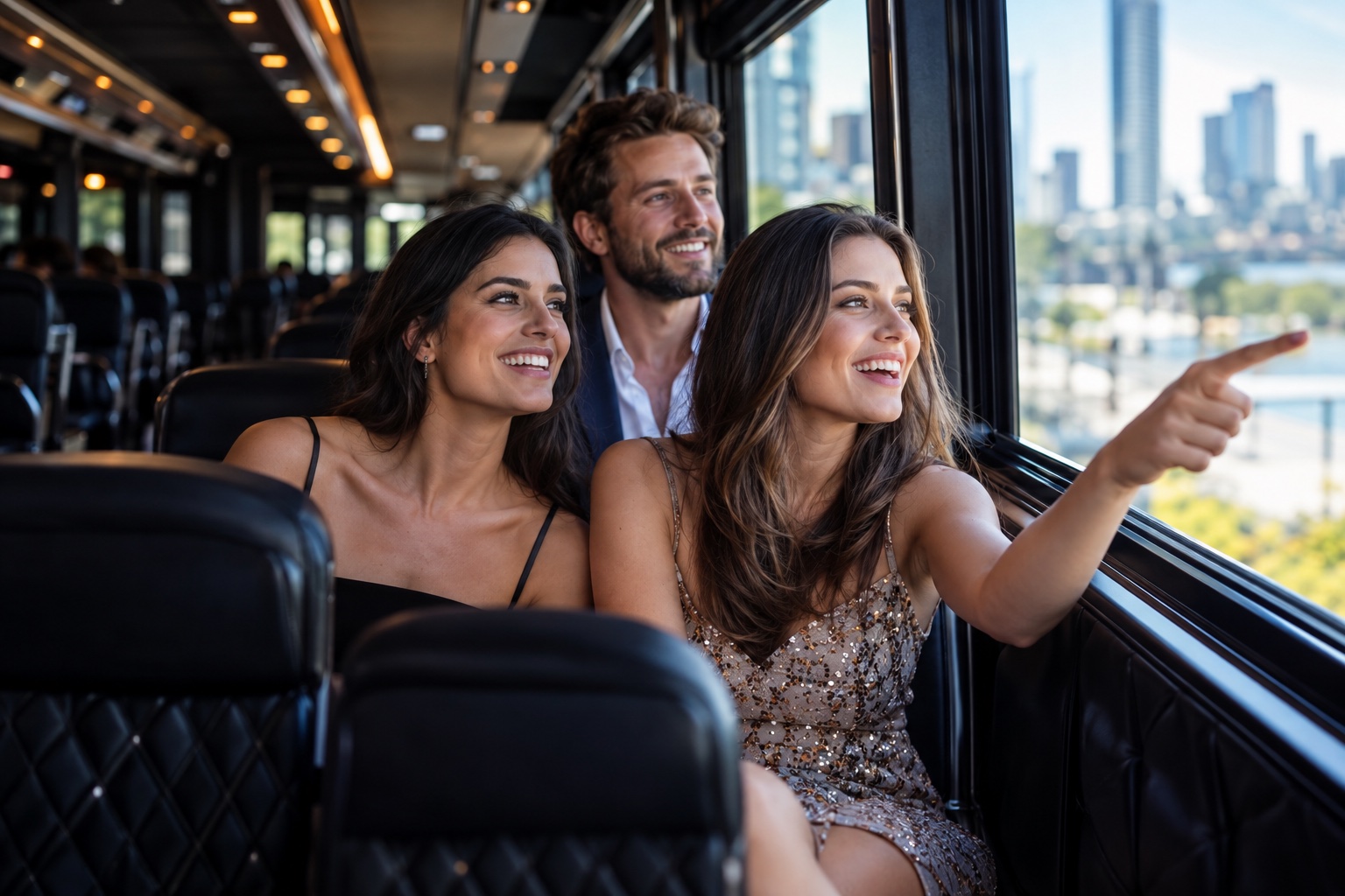 Friends making plans while seated inside a bus