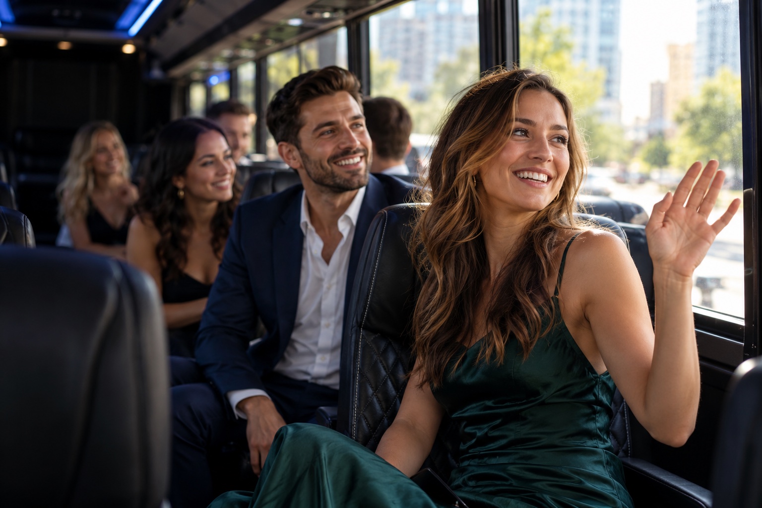 Friends making plans while seated inside a bus