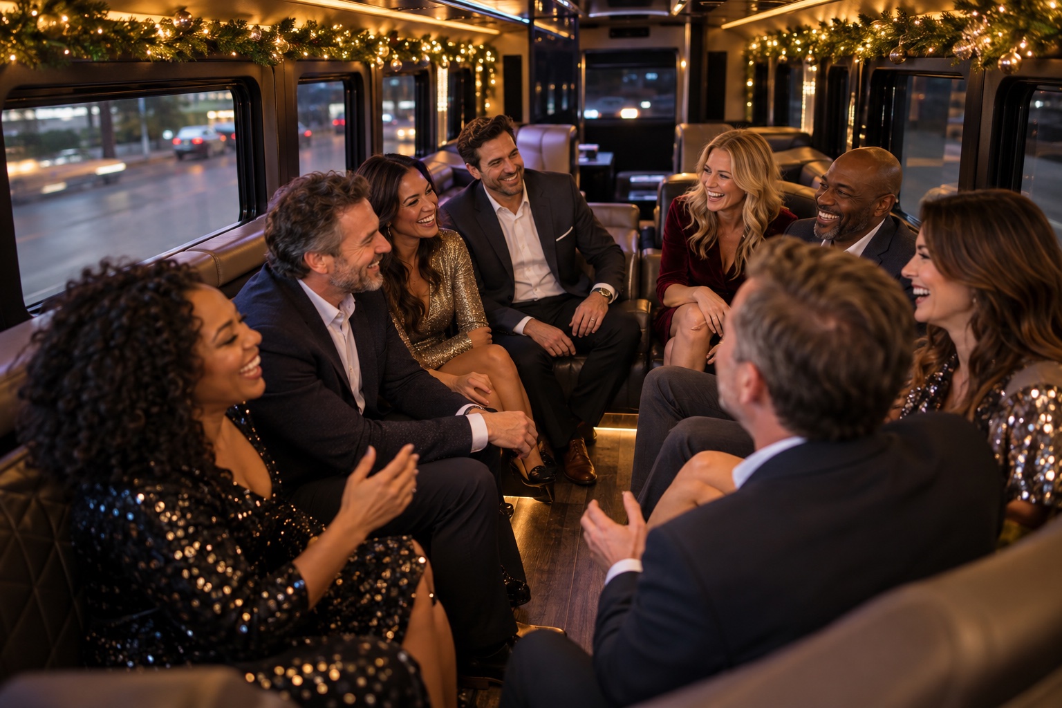 Corporate holiday guests celebrating together inside a bus