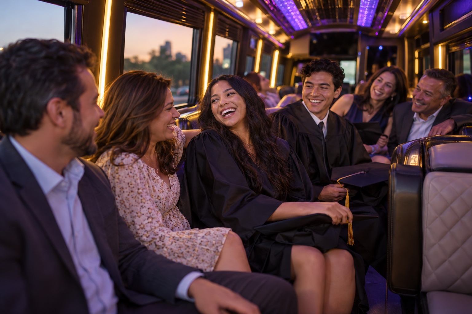 Graduation guests celebrating together inside a bus