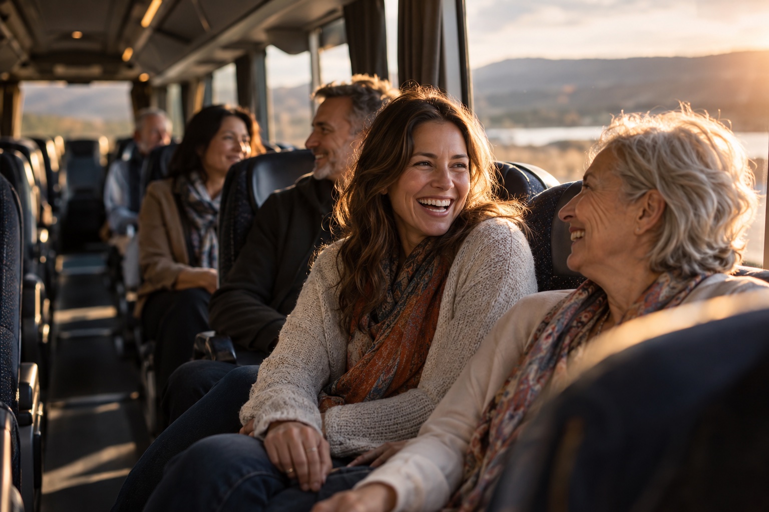 Friends and family sharing a relaxed afternoon bus ride
