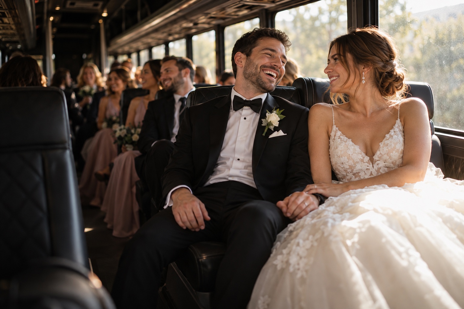 A newlywed couple laughing together while seated inside a wedding bus