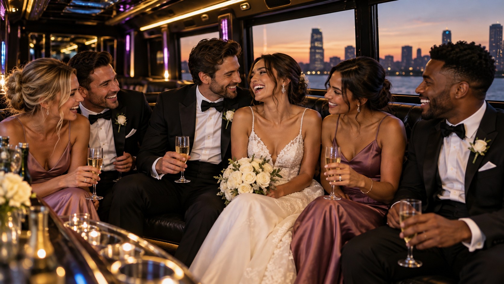 Wedding guests laughing together in a bus lounge
