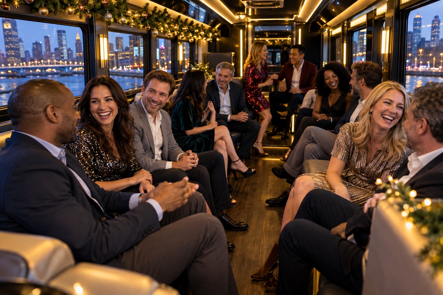 Elevated view across a bus lounge with colleagues enjoying a holiday celebration
