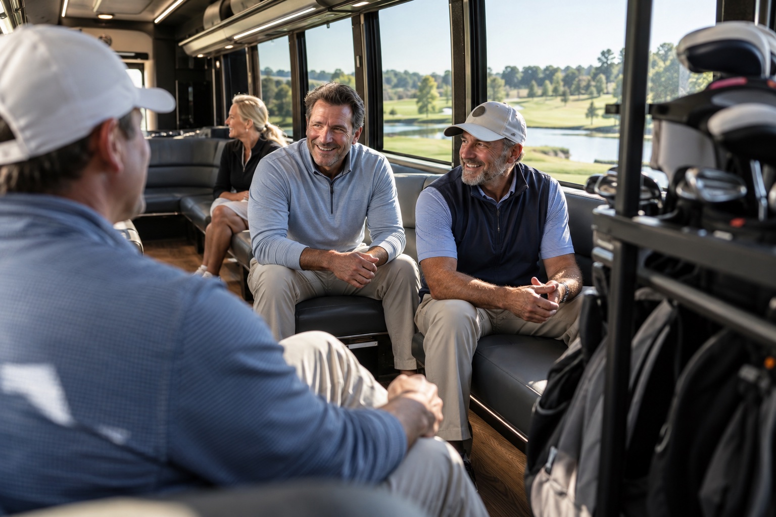 Over-the-shoulder view of golfers and their secured equipment inside a sunlit bus lounge