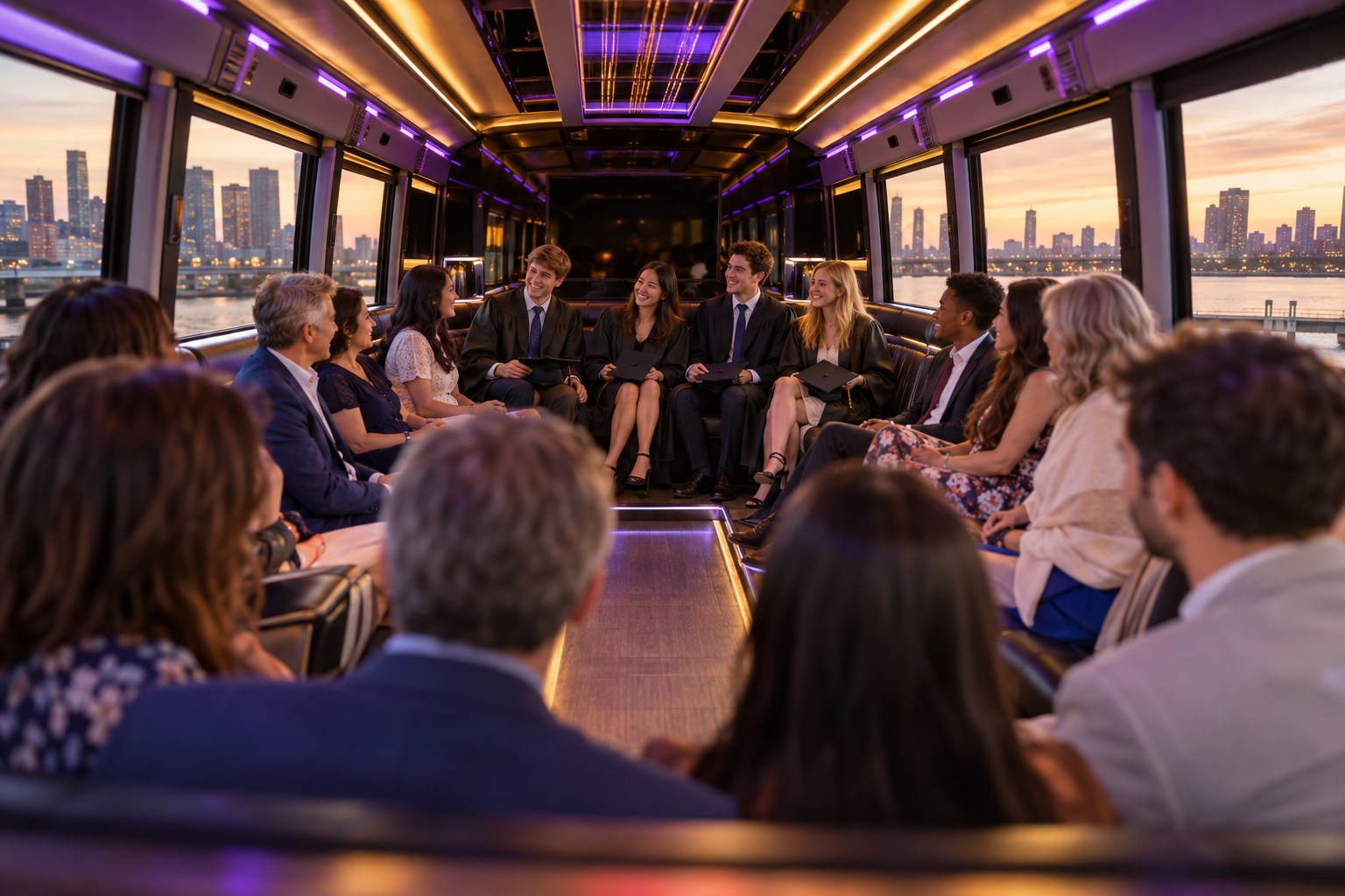 View down the bus lounge from behind family members toward graduates in gowns celebrating together