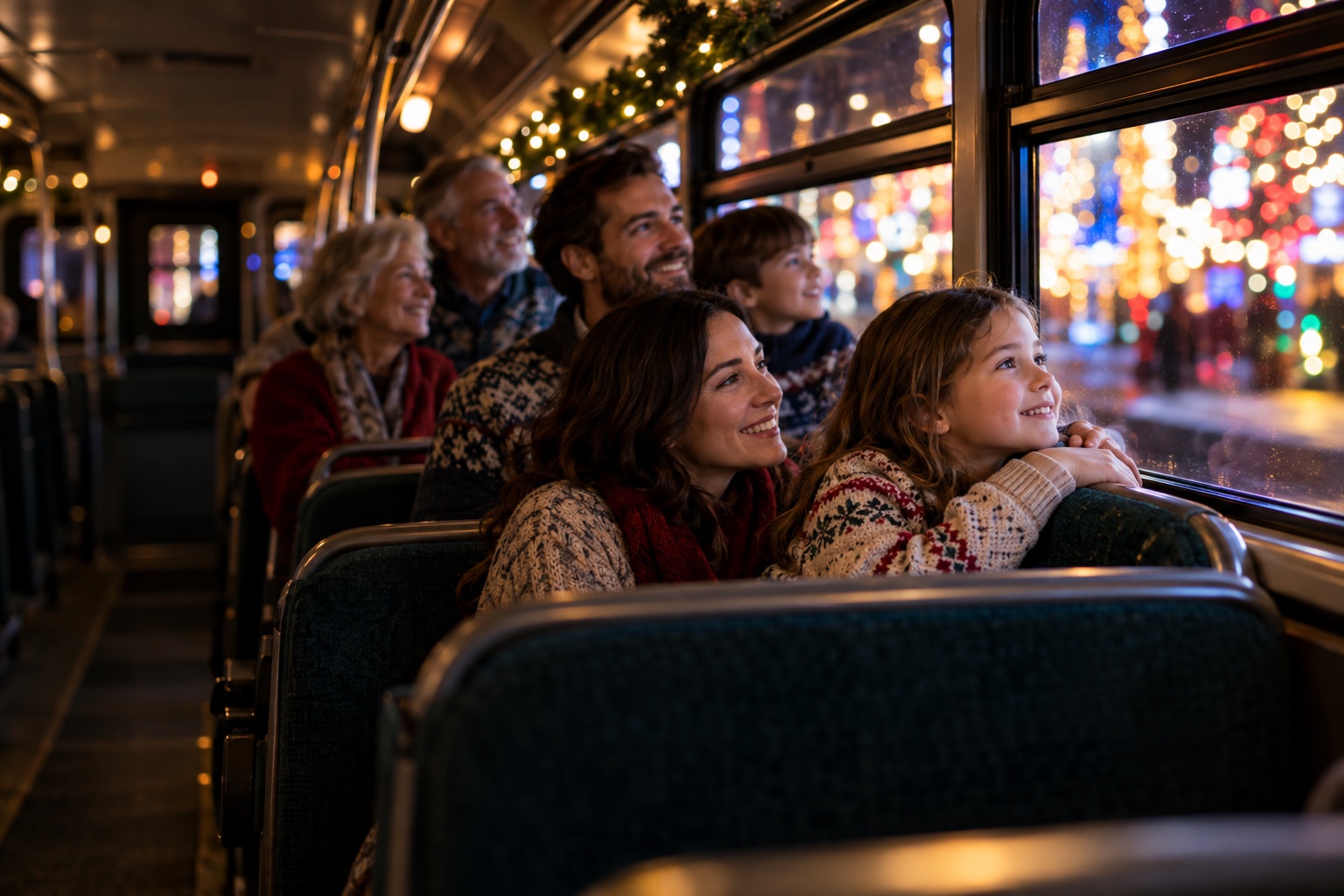 People celebrating holiday lights inside a bus