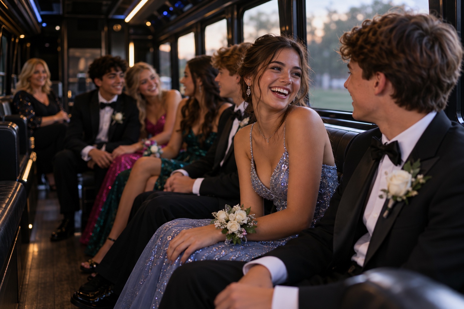 People celebrating prom & homecoming inside a bus