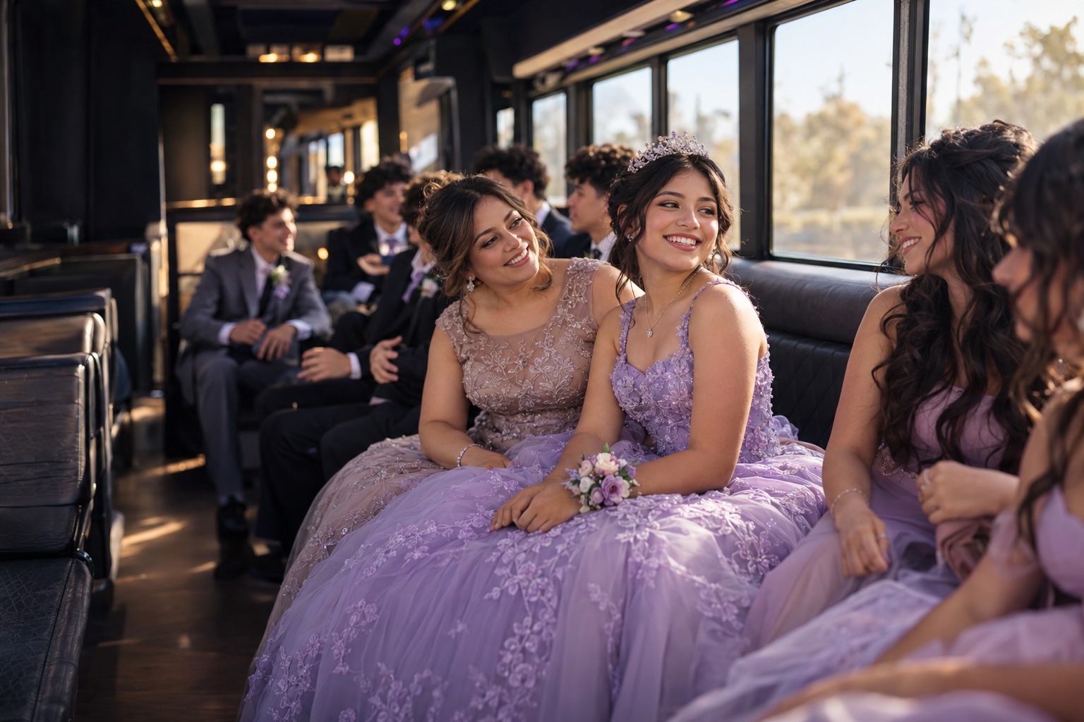 People celebrating quinceañera inside a bus