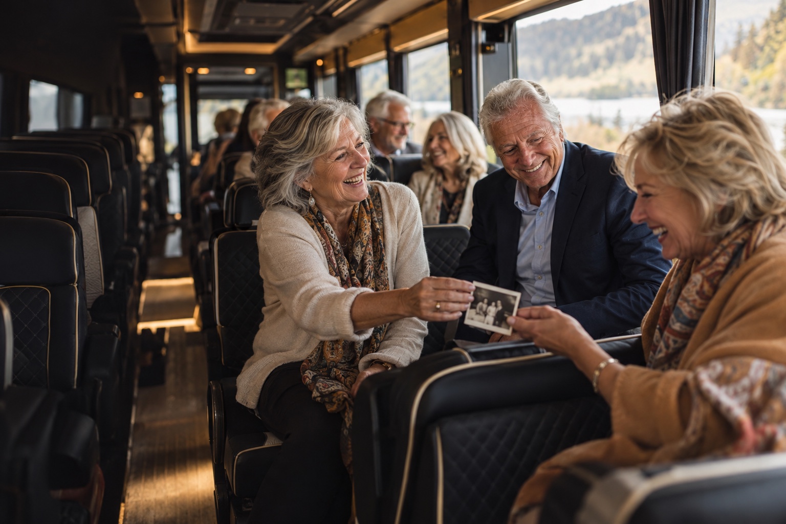 People celebrating anniversaries, reunions & retirement inside a bus