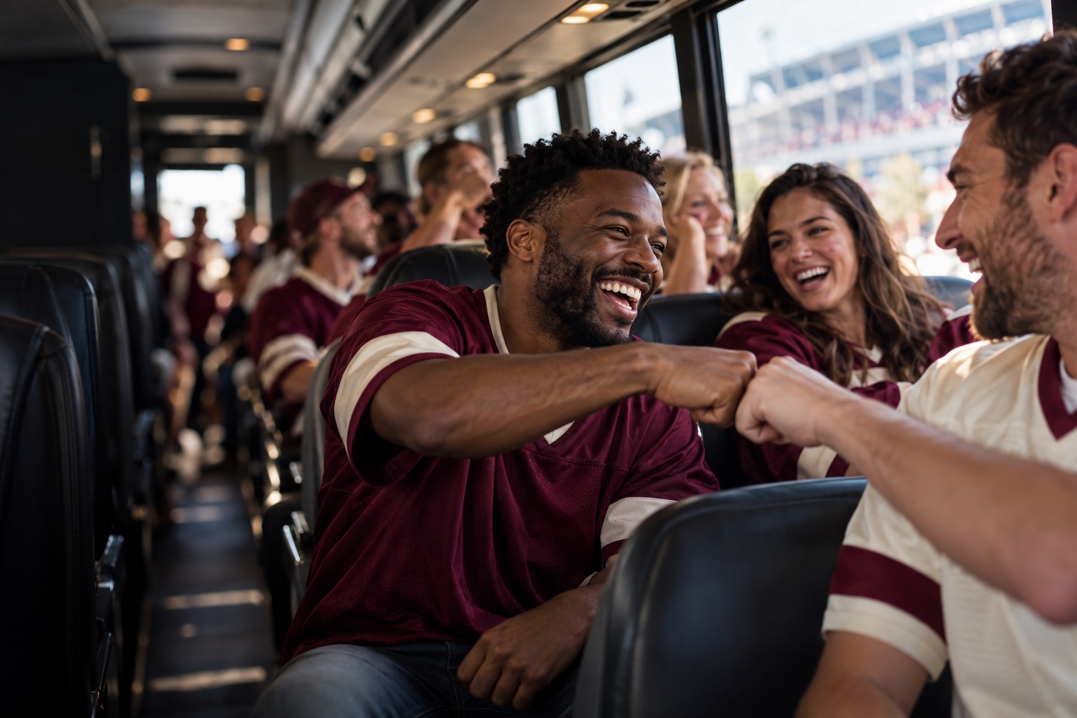 People celebrating sports & tailgating inside a bus