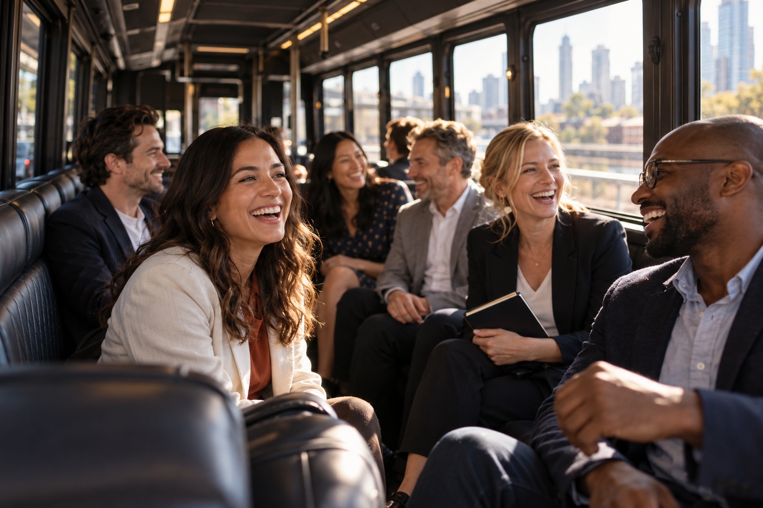 People celebrating corporate & team events inside a bus