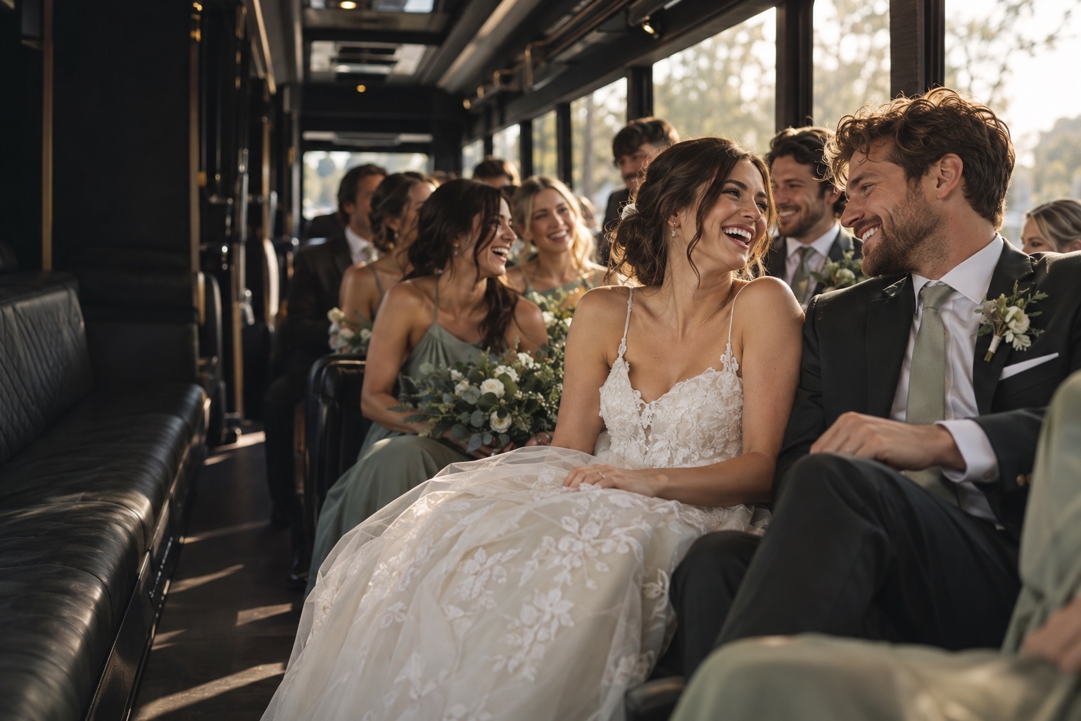 People celebrating weddings & guests inside a bus