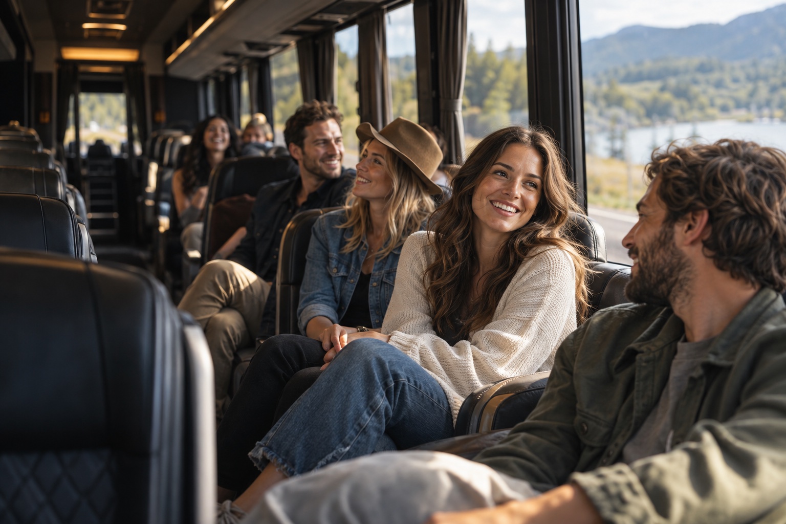 Friends enjoying a scenic bus ride together