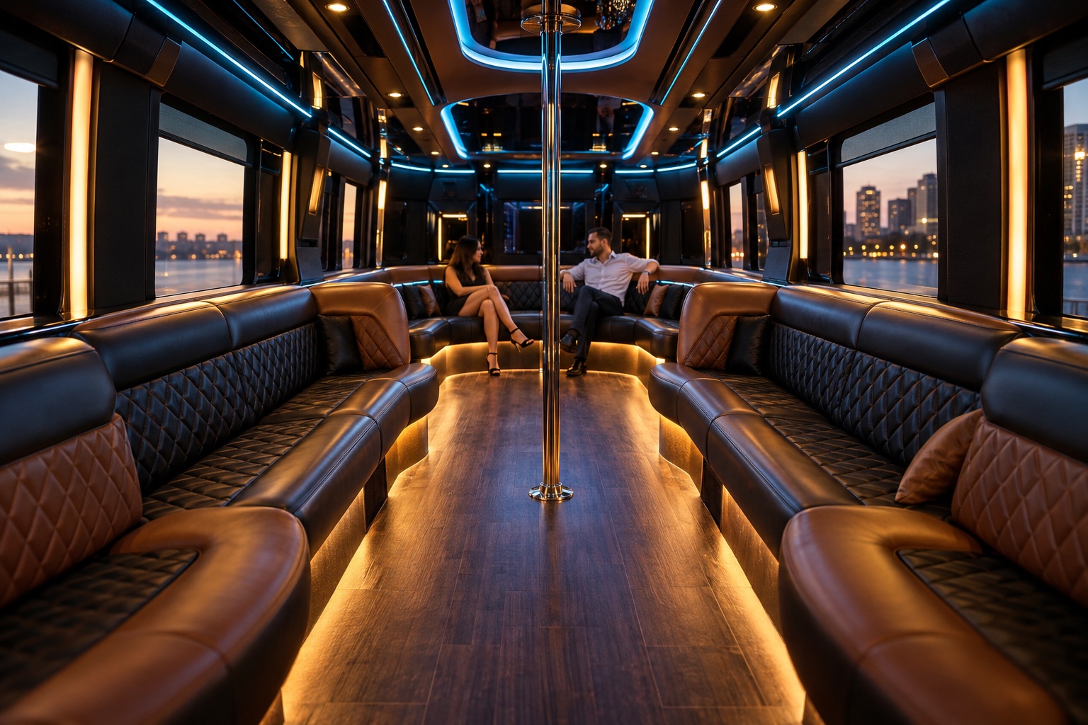 Wide architectural view of a party bus with lounge seating, LED ceiling lighting and a chrome dance pole