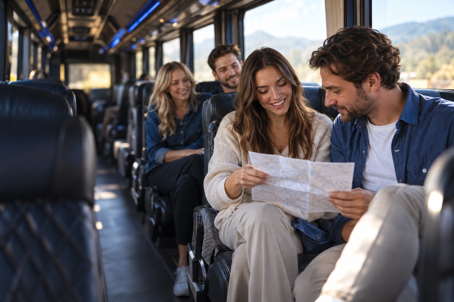 Friends planning their day while seated inside a bus
