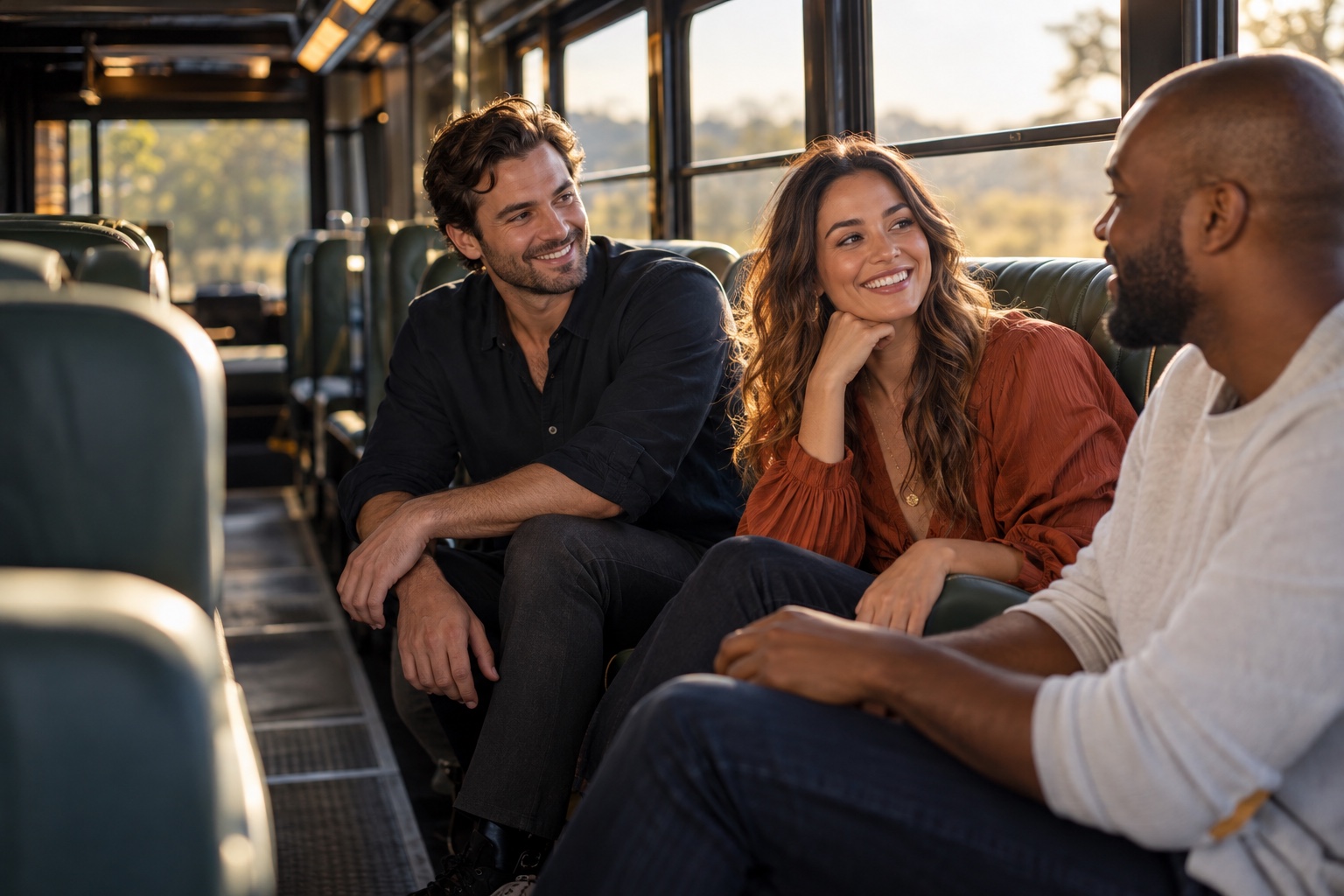 Friends discussing their plans inside a bus