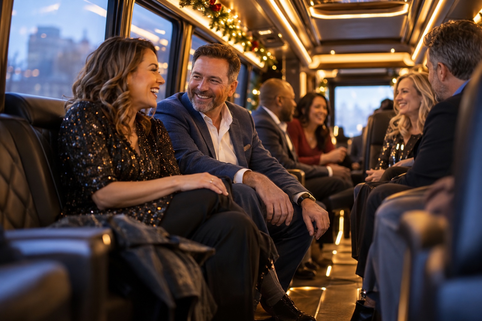 Another view of corporate holiday with people inside a bus