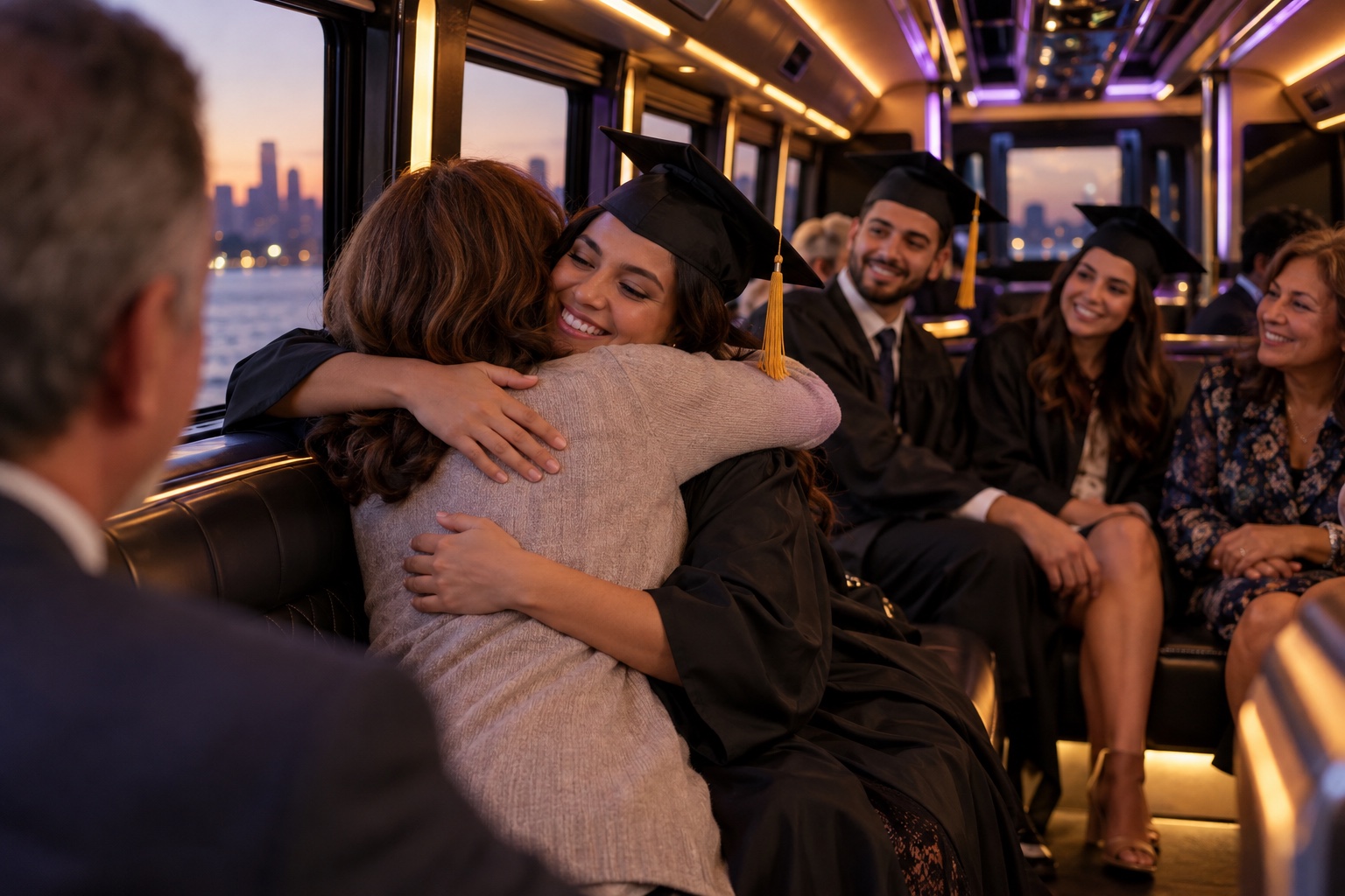 Another view of graduation with people inside a bus