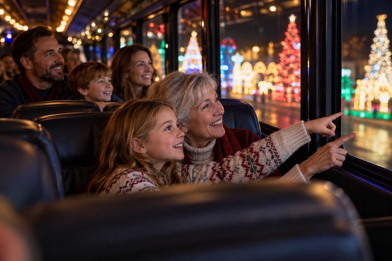 Another view of holiday lights with people inside a bus