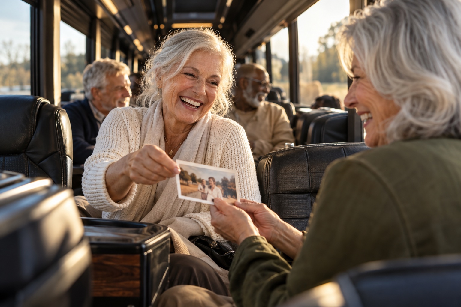 Another view of anniversaries, reunions & retirement with people inside a bus