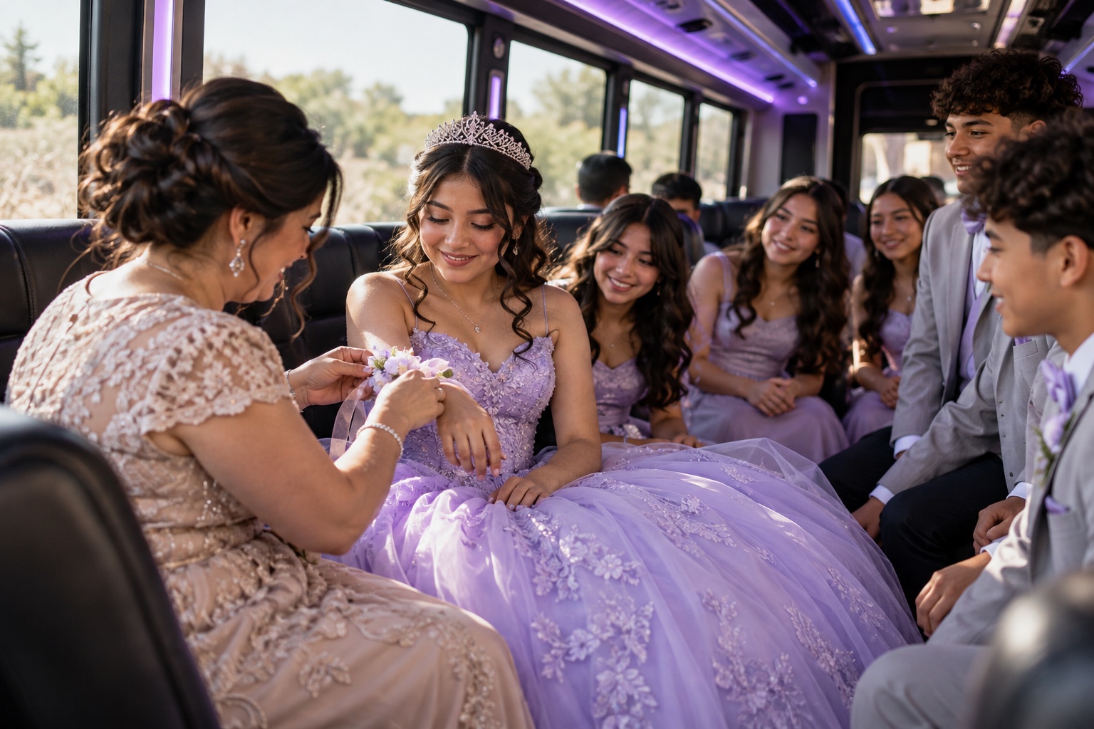 Another view of quinceañera with people inside a bus