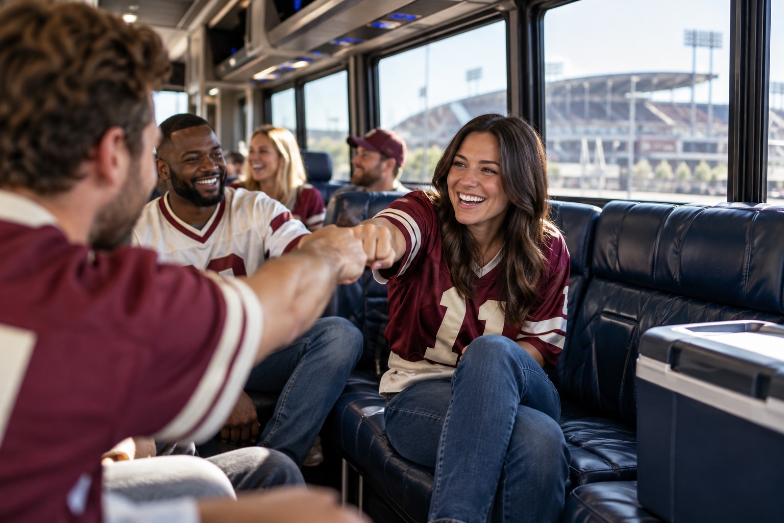 Another view of sports & tailgating with people inside a bus