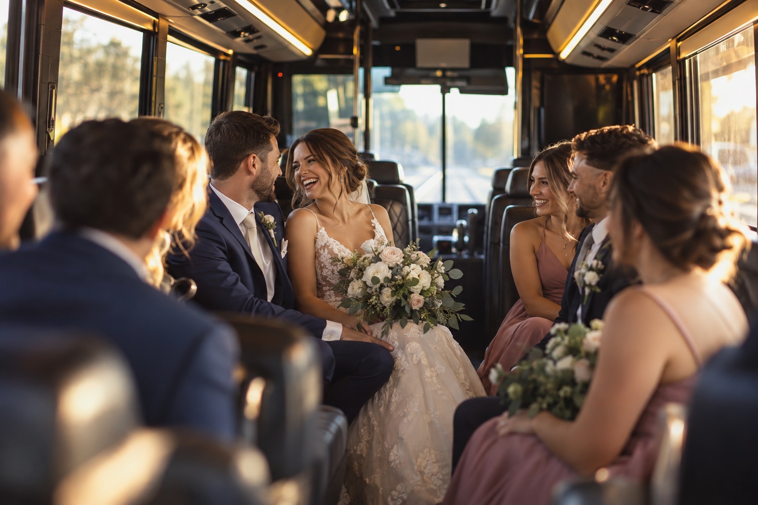 Another view of weddings & guests with people inside a bus