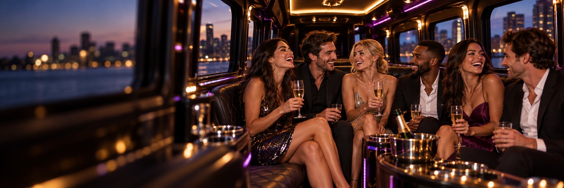 Friends sharing a laugh in a warmly lit bus lounge